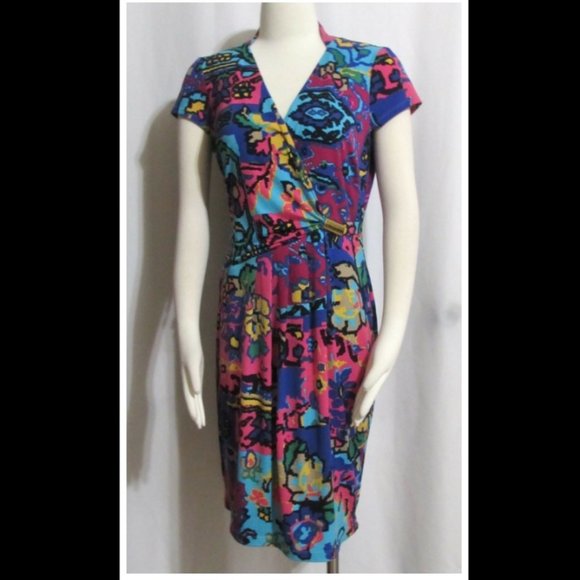Ladies ELLEN TRACY Bold Color Faux Wrap Dress 8 - Picture 2 of 7